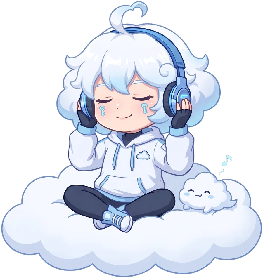 Awan versi chibi duduk santai di atas awan sambil dengerin musik